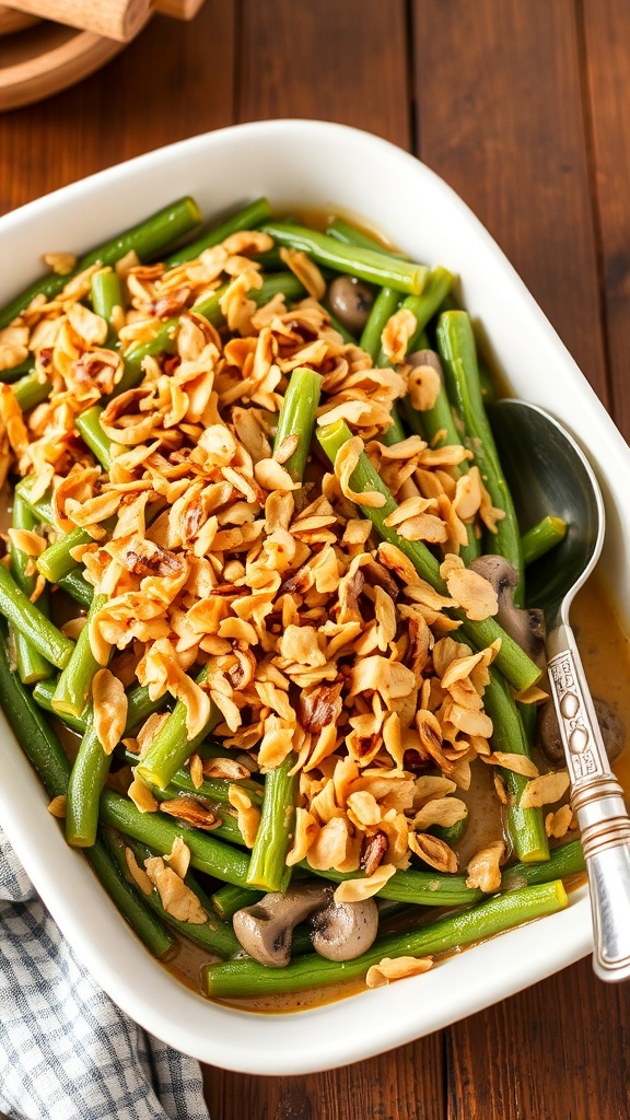 Green bean casserole with crispy shallots in a white dish on a wooden table.